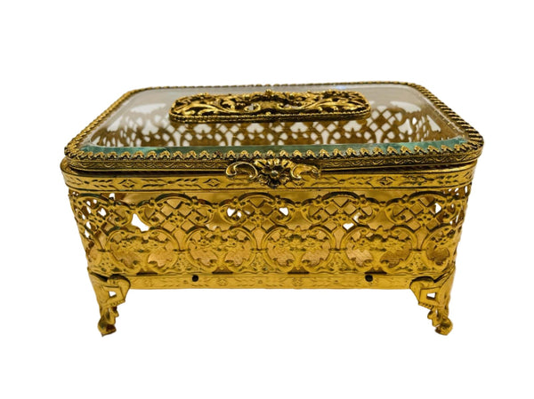 Matson Brass Jewelry Box Beveled Glass Flip Top Filigree Footed