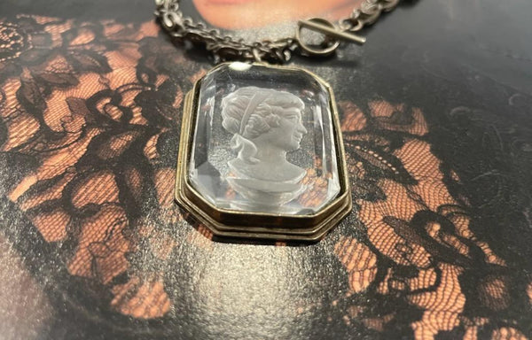 Cameo Baguette Cut Glass Portrait Pendant Uniquely Decorated Duo Chain Necklace