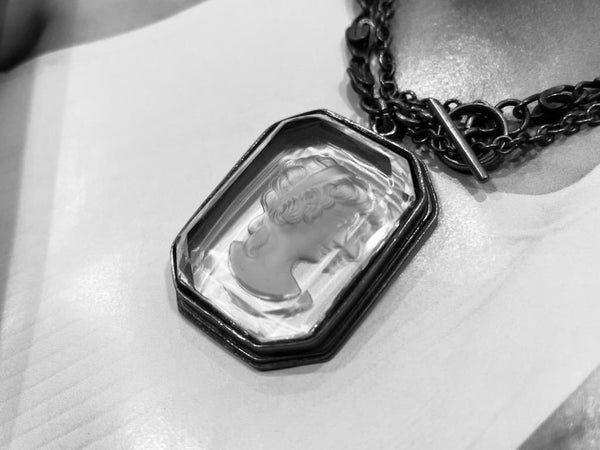 Cameo Baguette Cut Glass Portrait Pendant Uniquely Decorated Duo Chain Necklace