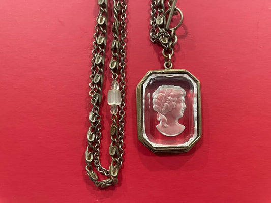 Cameo Baguette Glass Portrait Pendant Unique Duo Chain Necklace