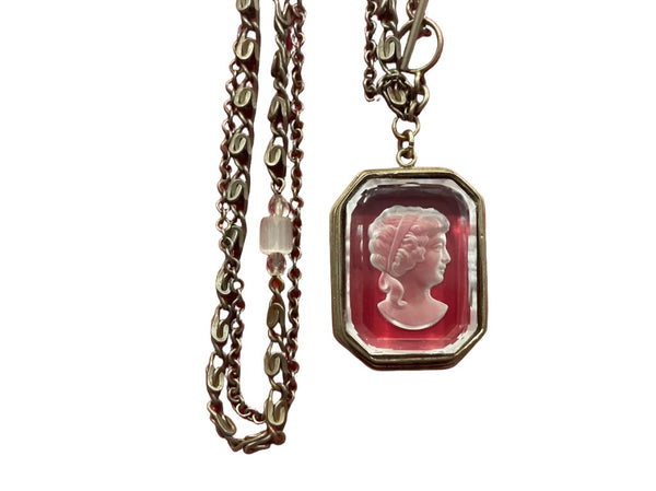 Cameo Baguette Cut Glass Portrait Pendant Uniquely Decorated Duo Chain Necklace