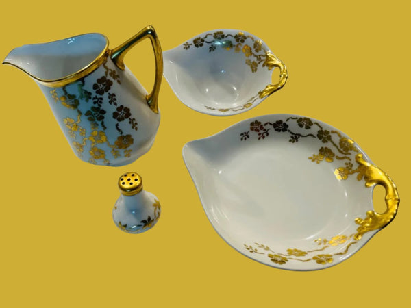Germany Brief Set Candy Bowls Salt Shaker Cream Jar Gold Flowers