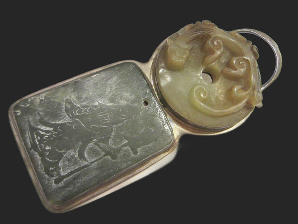Jade Pendant Asian Carved Dragon Figurative Silver Frame By Gail Goldin - Designer Unique Finds 