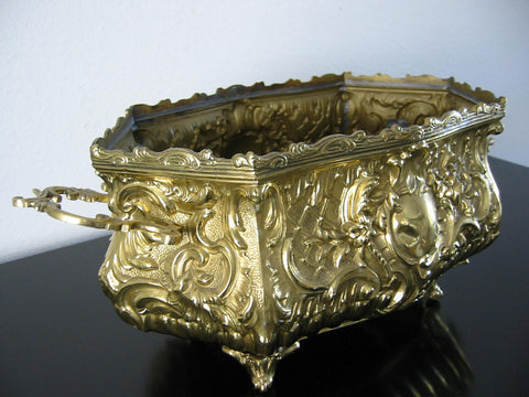 Tin Jardiniere Ormolu Medallion Relief Brass Footed Planter With Two Handles - Designer Unique Finds 