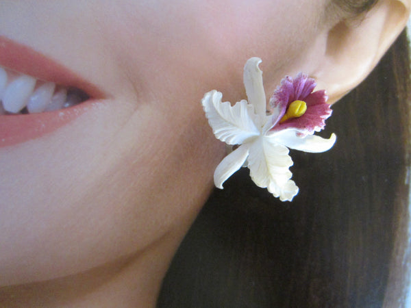 Mid Century Germany Orchids Clip Earrings - Designer Unique Finds 