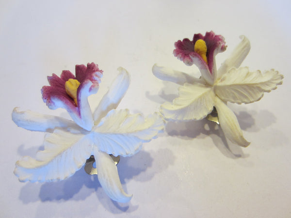 Mid Century Germany Orchids Clip Earrings - Designer Unique Finds 