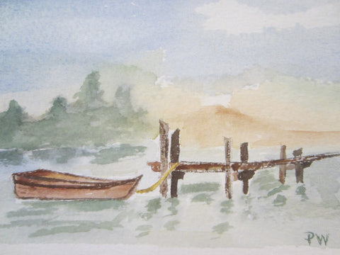 Seascape Watercolor Mountain View Boat Harbor Monogrammed PW
