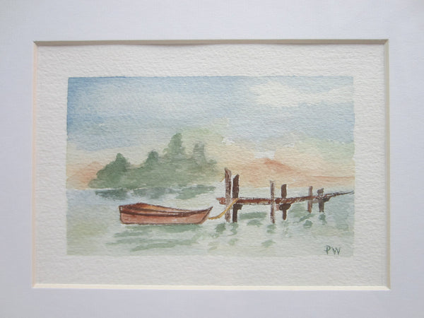 Seascape Watercolor Mountain View Boat Harbor Signed PW