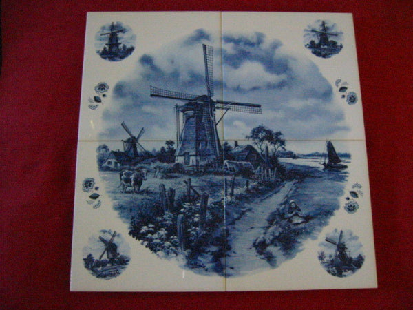 JC Van Hunnik Dutch Transferred Blue Windmill Signed Porcelain Tile - Designer Unique Finds 