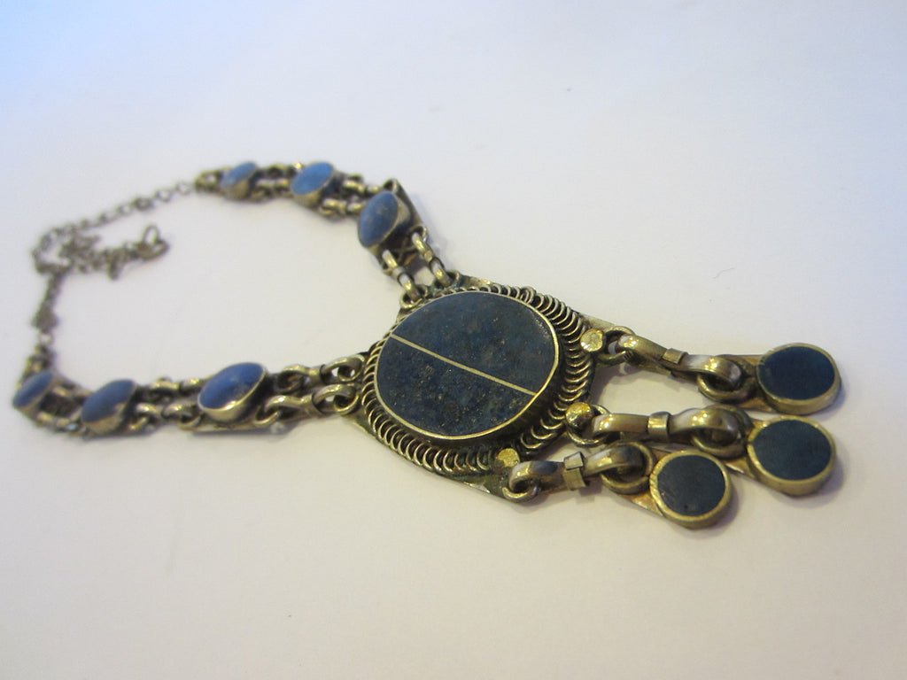 Lapis Lazuli Necklace Tribal Folk Art Primitive Cabochon Medallion - Designer Unique Finds 
 - 1