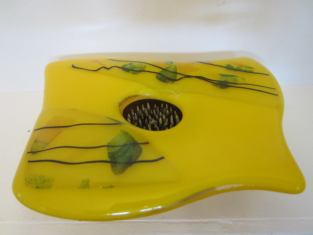 Flower Frog Fused Yellow Glass Spike Planter Signed Dated - Designer Unique Finds 