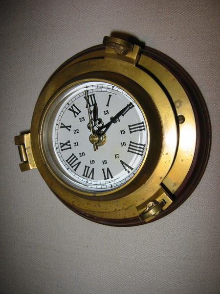 Porthole Nautical Brass Quartz Maritime Ship Clock Mahogany Mount Beveled Glass - Designer Unique Finds 
 - 3