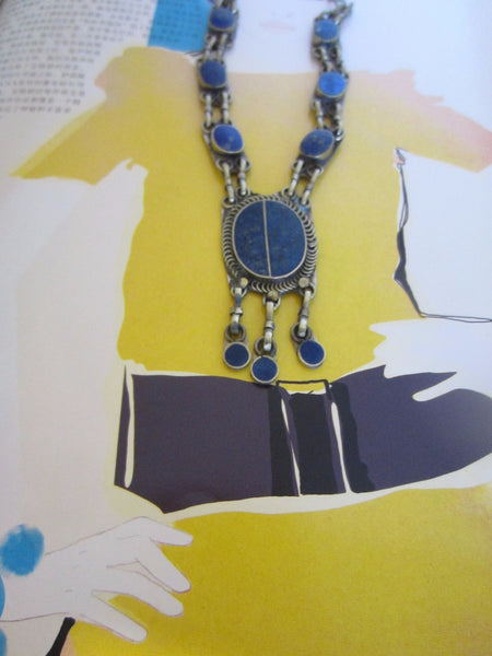 Lapis Lazuli Necklace Tribal Folk Art Primitive Cabochon Medallion - Designer Unique Finds 
 - 3
