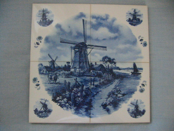 JC Van Hunnik Dutch Transferred Blue Windmill Signed Porcelain Tile - Designer Unique Finds 