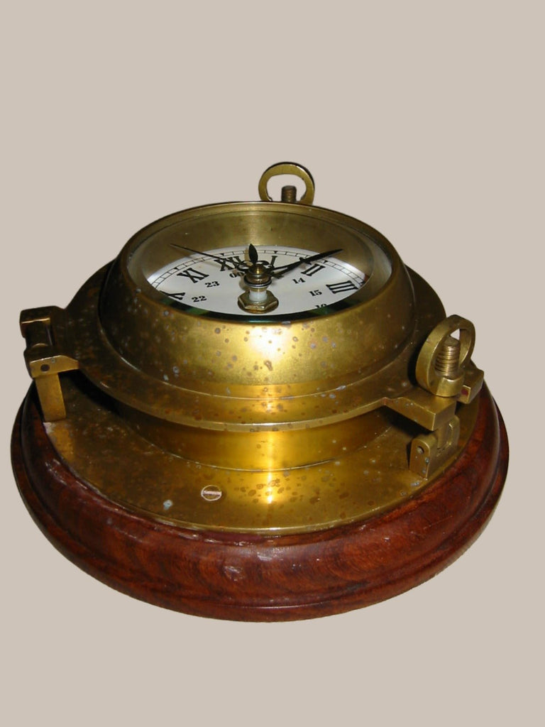 Brass Porthole Nautical Ship Clock Quartz Mahogany Beveled Glass
