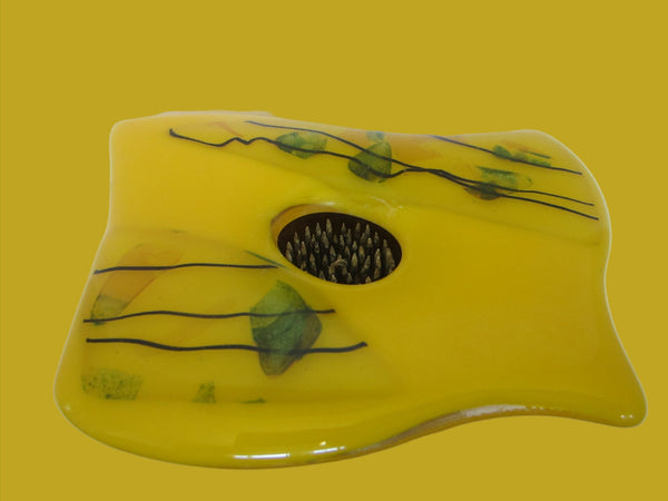 Flower Frog Fused Yellow Glass Spike Planter Signed Dated