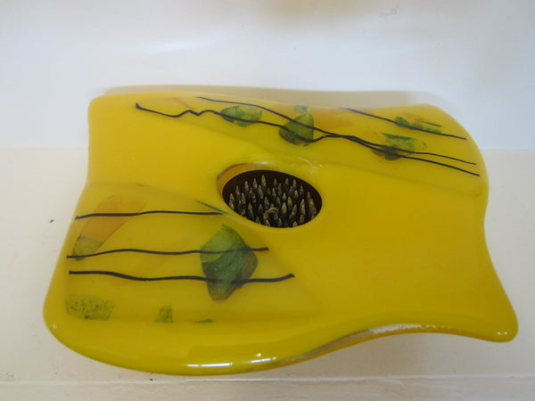 Flower Frog Fused Yellow Glass Spike Planter Signed Dated