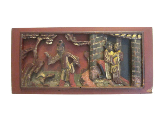 Chinese Red Plaque Panel Gilt Decorated Carved Outdoor Story Teller Figures - Designer Unique Finds 