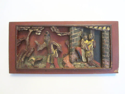 Chinese Red Plaque Panel Gilt Decorated Carved Outdoor Story Teller Figures - Designer Unique Finds 