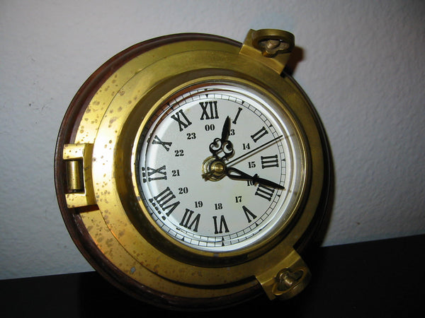 Porthole Nautical Brass Quartz Maritime Ship Clock Mahogany Mount Beveled Glass - Designer Unique Finds 
 - 1