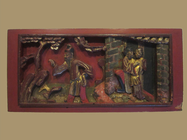 Chinese Story Teller Red Plaque Hand Carved Figurative Gilt Panel