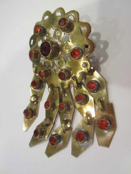 Moroccan Revival Ruby Glass Gems Pendant Brooch 