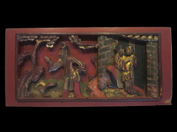 Chinese Red Plaque Panel Gilt Decorated Carved Outdoor Story Teller Figures - Designer Unique Finds 