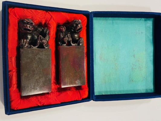 Guardian Shishi Style Foo Dogs Seals Bookends Nested In Textile Case