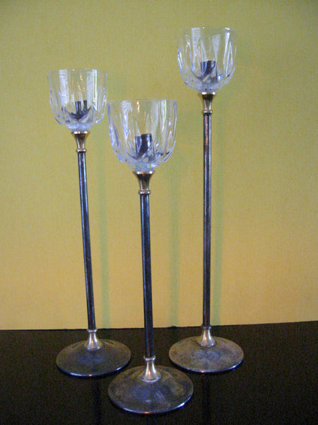 Italian Crystal Silver Stems Tall Candle Holders Suite Brass Accent - Designer Unique Finds 