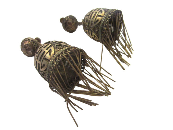 Antique Chinese Filigree Lantern Fringed Earrings