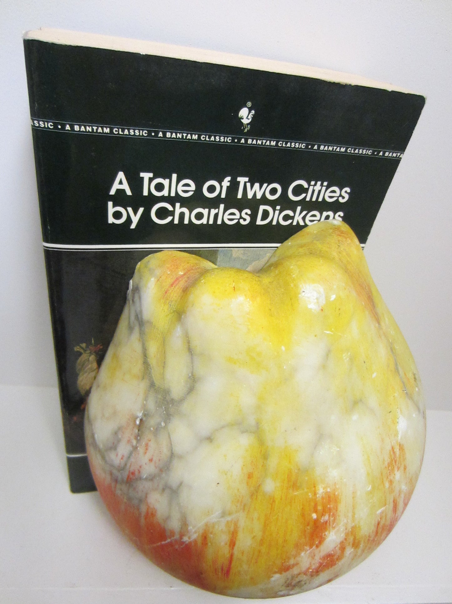 Stone Cut Apple Halve Abstract Modern Folk Art Yellow Red Sculpture - Designer Unique Finds 