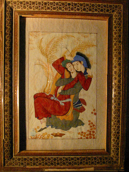 Persian Safavid Miniature Signed Manuscript Hand Painted Art Khatam Frame - Designer Unique Finds 