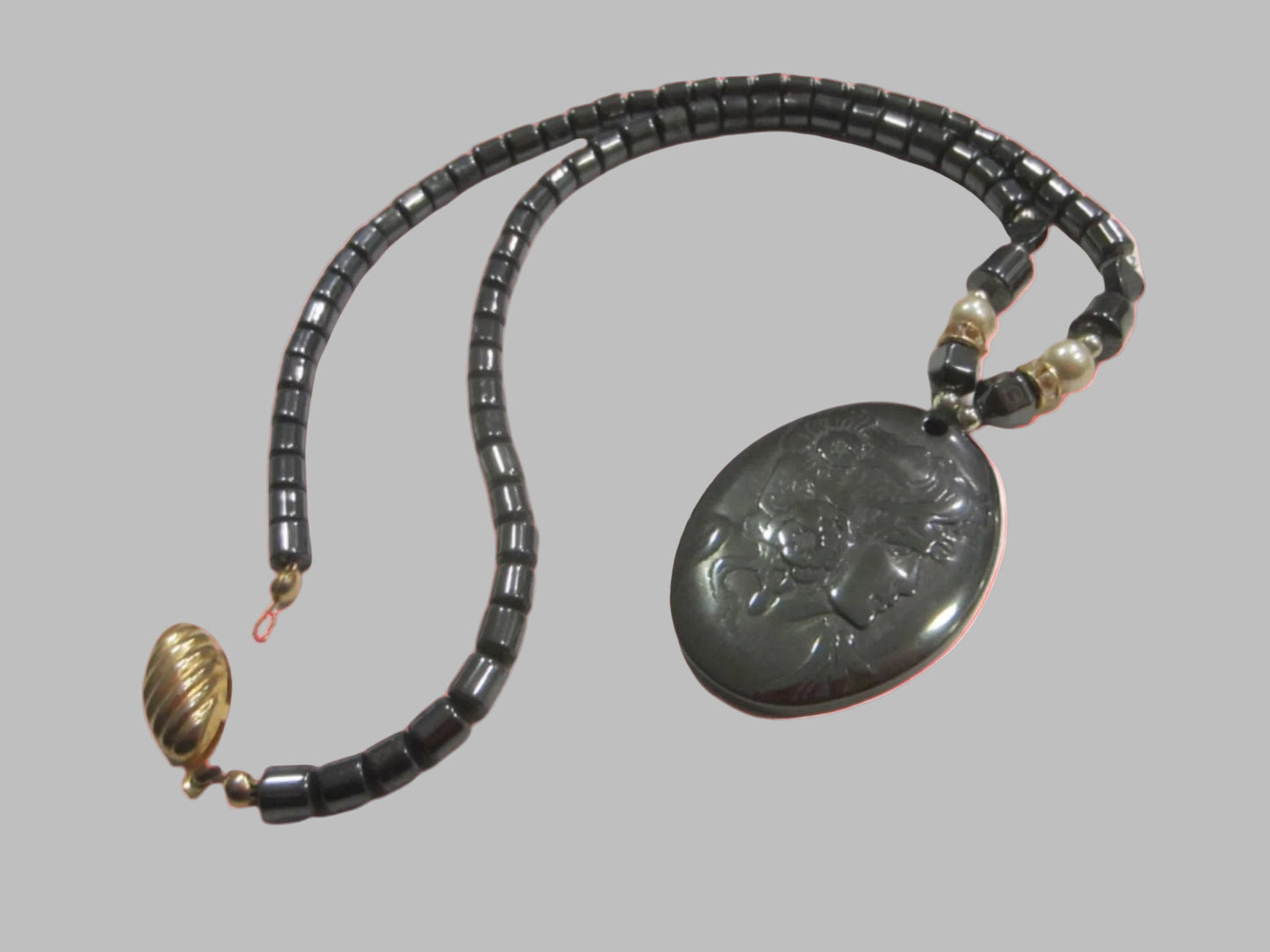 Mucha Inspired Portrait Pendant Beaded Necklace 