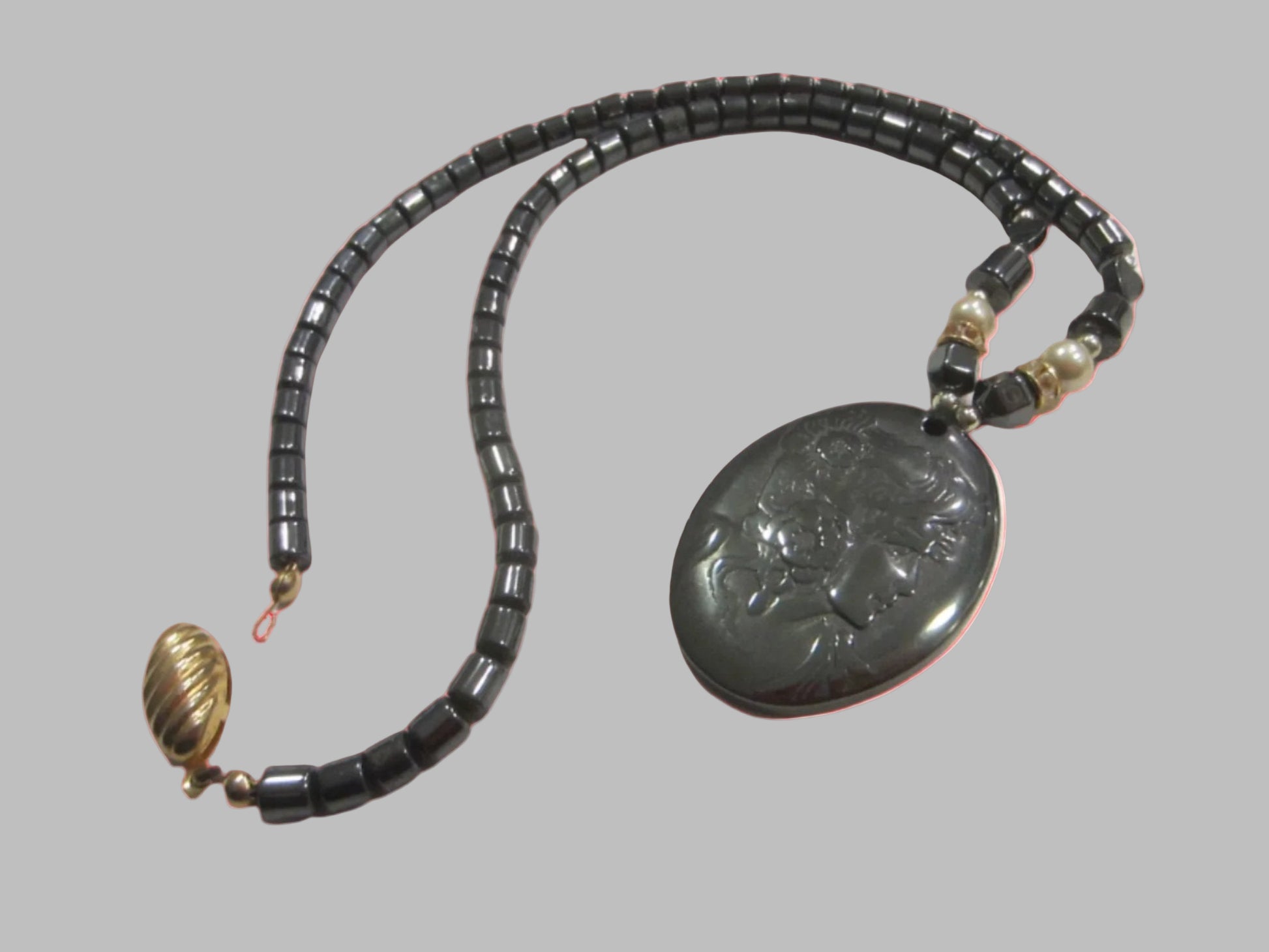 Mucha Inspired Portrait Pendant Beaded Necklace 