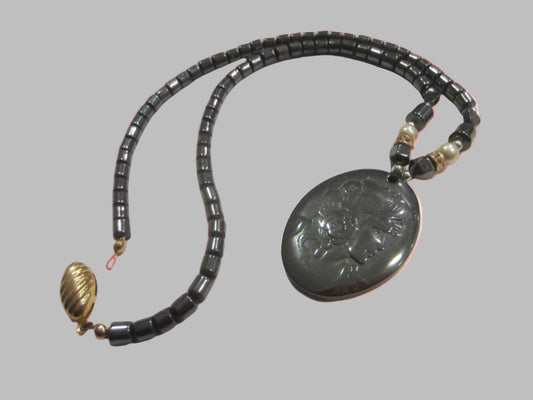 Mucha Inspired Portrait Pendant Beaded Necklace 