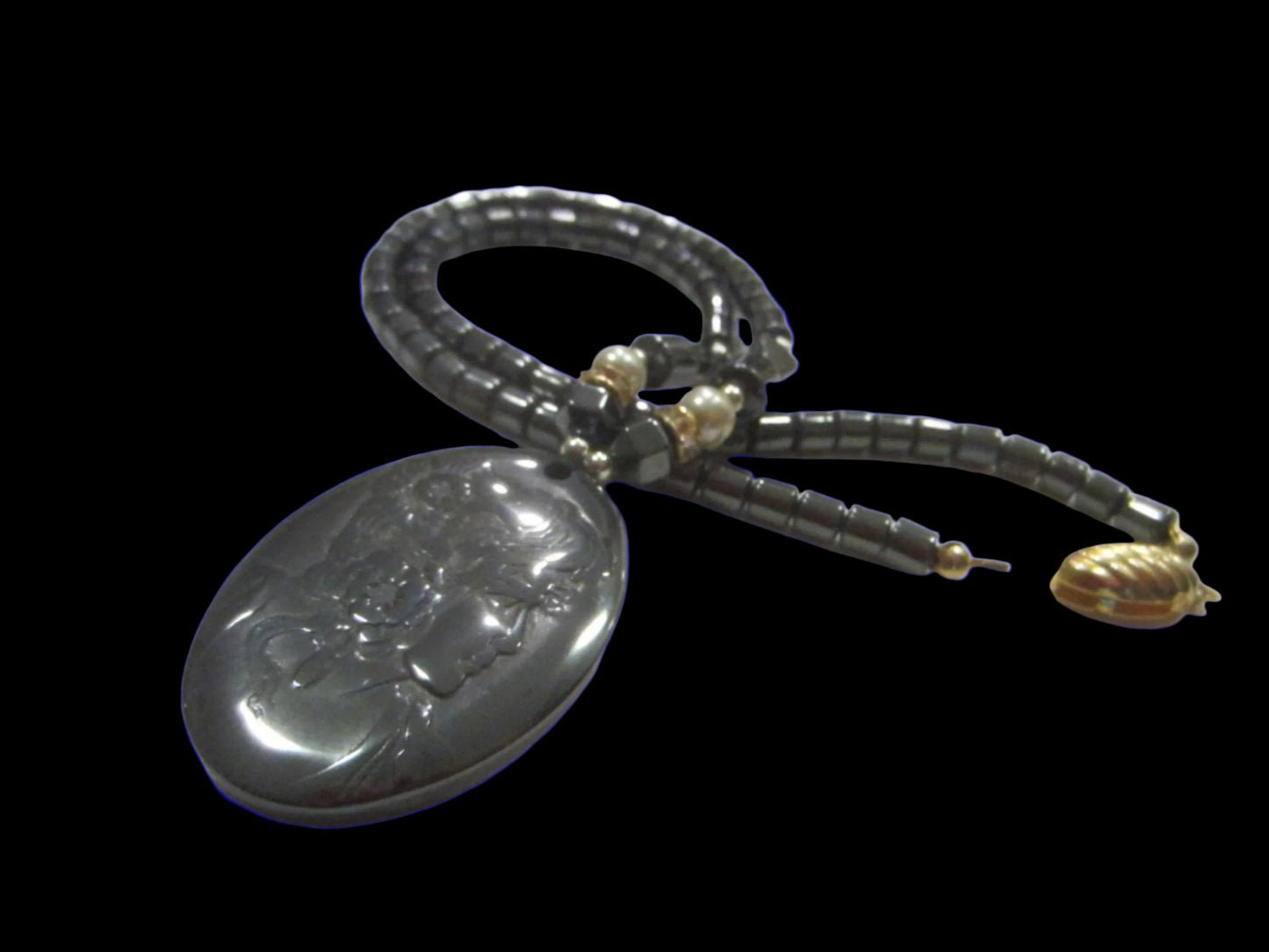 Mucha Inspired Portrait Pendant Beaded Necklace 