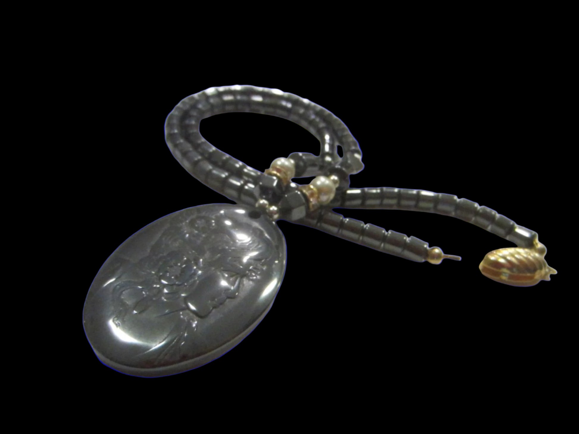 Mucha Inspired Portrait Pendant Beaded Necklace 