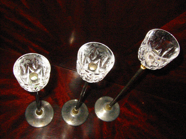 Italian Crystal Silver Stems Tall Candle Holders Suite Brass Accent - Designer Unique Finds 