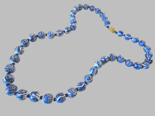 Blue and White Asian Calligraphy Hand Knotted Beads Necklace Gold Plated Clasp