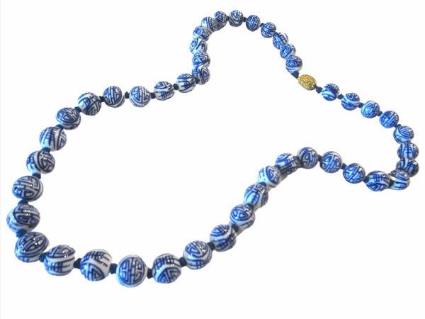 Blue White Asian Calligraphy Hand Knotted Beads Necklace Gold Plated Clasp