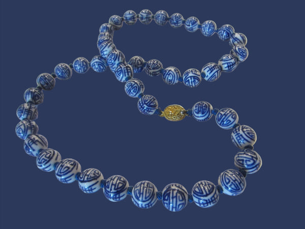 Blue White Asian Calligraphy Hand Knotted Beads Necklace Gold Plated Clasp