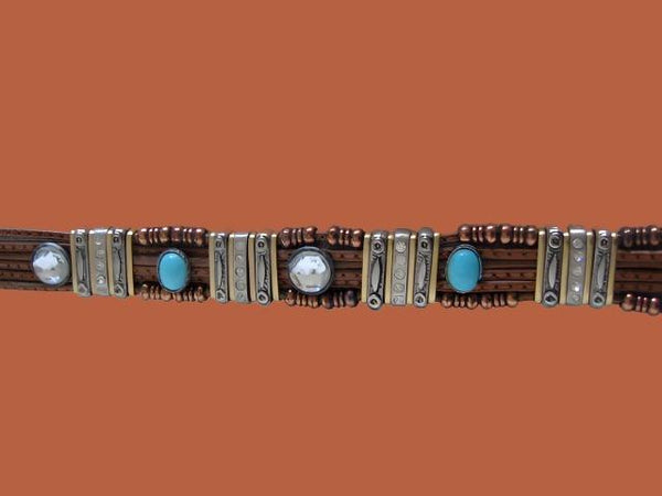Tribal Tan Leather Belt Turquoise Rhinestone Cabochons Various Beads - Designer Unique Finds 