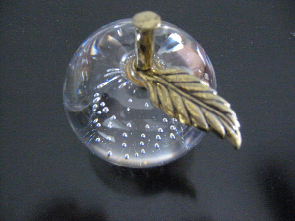 Crystal Apple Paperweight Controlled Bubble Brass Stem - Designer Unique Finds 