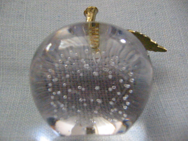 Crystal Apple Paperweight Controlled Bubble Brass Stem - Designer Unique Finds 