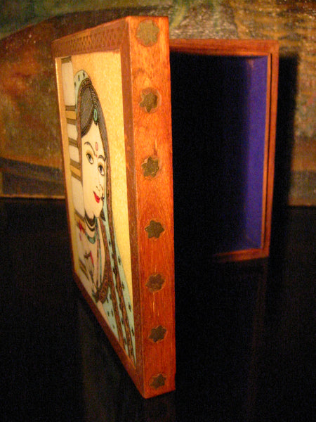 Glass Painted Portrait India Jewelry Boxes Inlaid Brass Stars