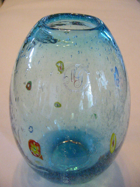 Margies Garden California Designer Modern Hand Blown Blue Glass Vase - Designer Unique Finds 