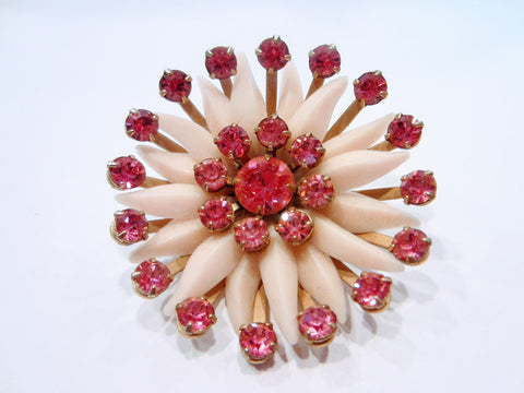 Post Modern Flower Brooch Pink Glass Gems Plastic Petals
