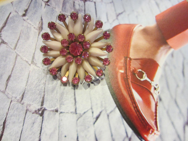 Post Modern Flower Brooch Pink Glass Gems Plastic Petals