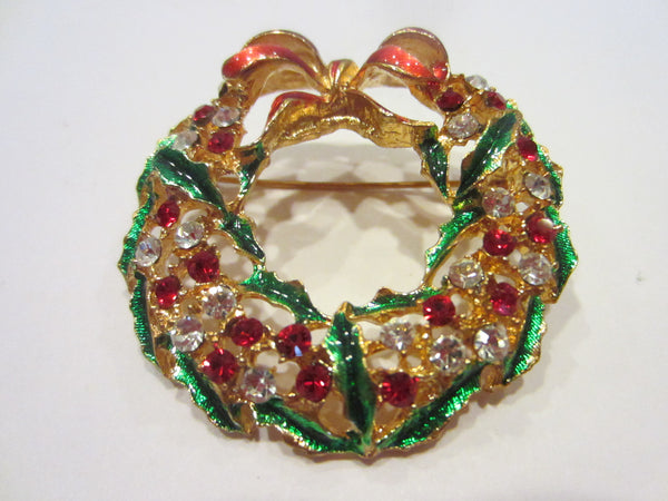 Jeweled Wreath Brooch Red Enamel Bow Crystal Floral Green Leaves - Designer Unique Finds 