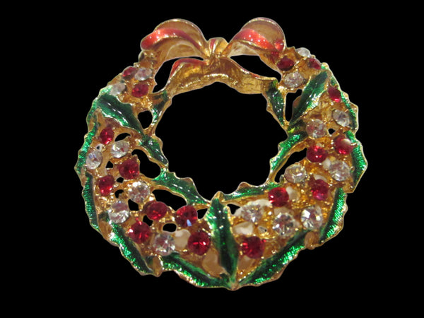 Christmas Wreath Brooch Red Green Enamel Crystal Decoration